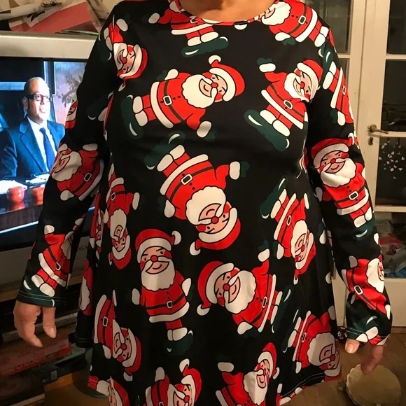 Meaneor Santa Claus Holiday Long Sleeve Christmas Dress in Black/Red - NWT - Picture 2 of 11